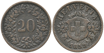 ШВЕЙЦАРИЯ 20 РАППЕНОВ 1859 В KM 7 биллон 100-825