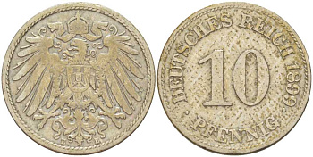 ГЕРМАНИЯ 10 ПФЕННИГОВ 1899 E KM 12, J. 13, Weege 8 медно-никель 261-1337