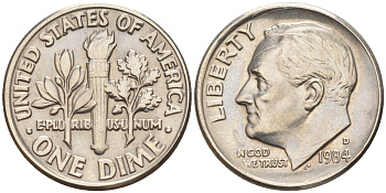 США 10 ЦЕНТОВ = 1 ДАЙМ 1984 D, РУЗВЕЛЬТ KM 195a медь плакированная медно-никелем 188-437