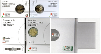 Италия 2 евро 2023 100 лет Военно-воздушным силам, в оригинальном блистере KM 495 биметалл UNC 8-2-01-50