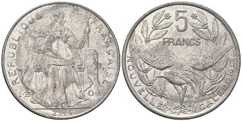 Французская Новая Каледония 5 франков 2014 птица кагу, (IEOM) KM 16, Schoen 12, Lec 81k алюминий 4117-422