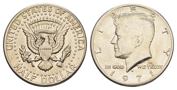 США 1/2 доллара (50 центов) 1971 D, Джон Кеннеди KM 202b медь плакированная медно-никелем aUNC 32-1225