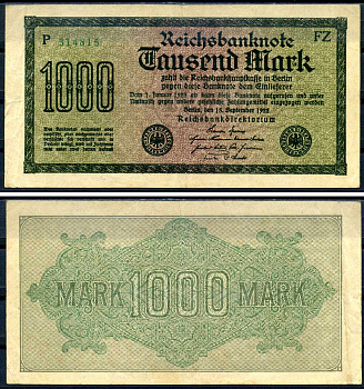 Германия 1000 марок 1922 выпуск 15 сентября 1922, водяной знак G, белая бумага, серия FZ, буква P Pick 76 e (1) бумага 8592-36-1-1