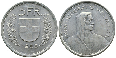 Швейцария 5 франков 1968 В, первый год KM 40а.1 медно-никель 4110-1223