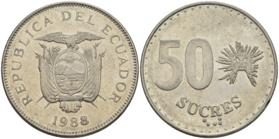 ЭКВАДОР 50 СУКРЕ 1988 KM 93 сталь плакированная никелем 82-913