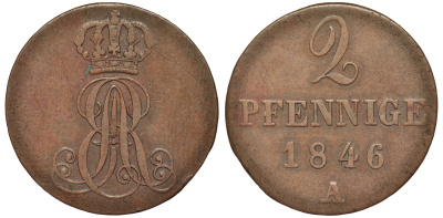 Ганновер 2 пфеннига 1846 A, Эрнст Август (1837-1851) KM 174.1, AKS 122, J. 55 медь 75-1833