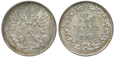 Россия для Финляндии 25 пенни 1917 S, временное правительство, без короны KM 19, Биткин 2 серебро 75-1515