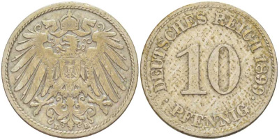 ГЕРМАНИЯ 10 ПФЕННИГОВ 1899 E KM 12, J. 13, Weege 8 медно-никель 261-1337