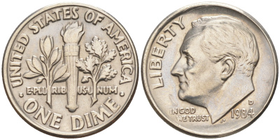США 10 ЦЕНТОВ = 1 ДАЙМ 1984 D, РУЗВЕЛЬТ KM 195a медь плакированная медно-никелем 188-437