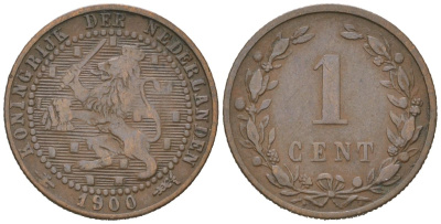 Нидерланды 1 цент 1900 Вильгельмина (1890-1948) KM 107 бронза 4154-726