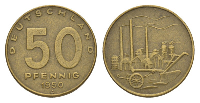 ГДР 50 пфеннигов 1950 А, фабрика KM 4 алюминиевая бронза 4615-244