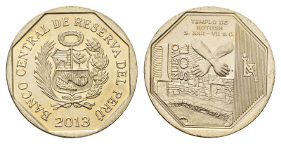 Перу 1 новый соль 2013 Богатство и гордость Перу - Котошский храм KM 372 медь цинк никель UNC 3334-611