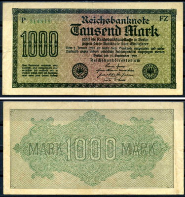 Германия 1000 марок 1922 выпуск 15 сентября 1922, водяной знак G, белая бумага, серия FZ, буква P Pick 76 e (1) бумага 8592-36-1-1