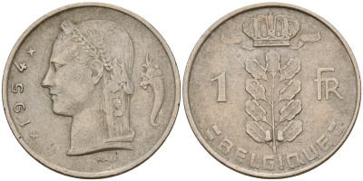 Бельгия 1 франк 1954 Belgique KM 142.1 медно-никель    4161-1226