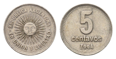 Аргентина 5 сентаво 1994 майское солнце, широкие буквы KM 109a2, CJ 2, Schon 109a медно-никель 4702-523