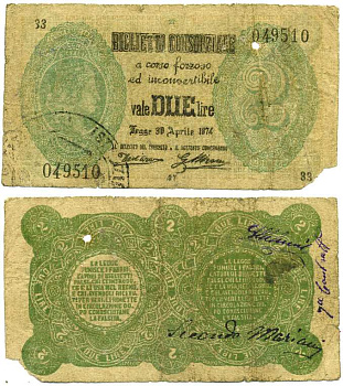 Италия 2 лиры 1874 номер 049510 Pick 3 бумага 8611-27-3-1