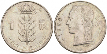 БЕЛЬГИЯ 1 ФРАНК 1960 BELGIQUE KM 142.1 медно-никель 68-624