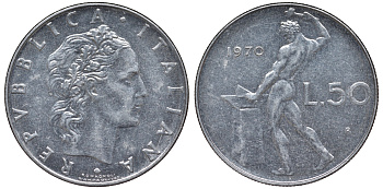 Италия 50 лир 1970 R, бог Вулкан у наковальни KM 95.1 нержавеющая сталь 4142-1154
