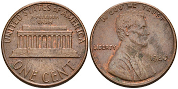 США 1 цент 1980 Авраам Линкольн КМ 201 медь цинк 4567-613