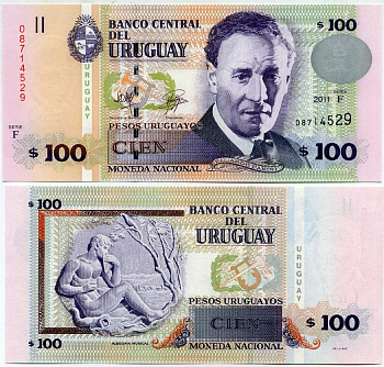 Уругвай 100 песо 2011 Эдуардо Фабини, композитор Pick 88 b бумага UNC (пресс) 447-72-2-2