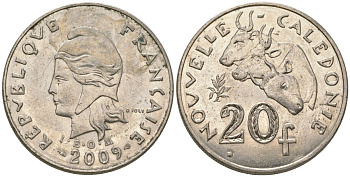 Французская Новая Каледония 20 франков 2009 три быка, (IEOM) KM 12a, Schoen 14a, Lec 115j медно-никель 84-644