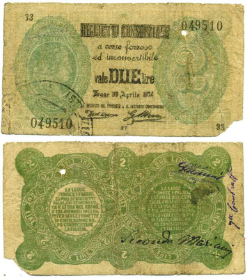 Италия 2 лиры 1874 номер 049510 Pick 3 бумага 8611-27-3-1