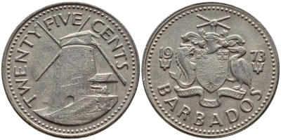 Барбадос 25 центов 1973 ветряная мельница Моргана Льюиса KM 13 медно-никель 4398-331