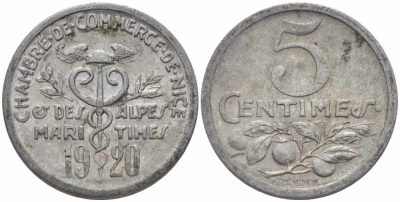 ФРАНЦИЯ 5 САНТИМОВ 1920 НИЦЦА, ТОКЕН, НОТГЕЛЬД алюминий 105-349