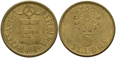 Португалия 5 эскудо 1989 KM 632 никель латунь 4156-612