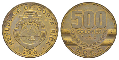 Коста-Рика 500 колонов 2006 KM 239.1a сталь плакированная латунью UNC 4645-336