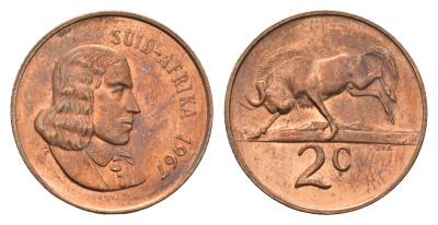 ЮАР 2 цента 1967 Ян ван Рибек (1619-1677), Suid Africa, легенда на африкаанс, антилопа гну KM 66.2 бронза UNC 4622-411