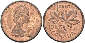 Канада 1 цент 1965 Елизавета II (1952-2022), кленовый лист KM 59.1 бронза 4147-248