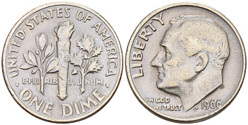 США 10 ЦЕНТОВ = 1 ДАЙМ 1966 РУЗВЕЛЬТ KM 195a медь плакированная медно-никелем 188-413