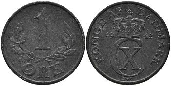 ДАНИЯ 1 ЭРЕ 1942 N; S, КРИСТИАН X (1912-1947) KM 832 цинк 116-111