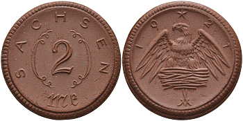 Саксония 2 марки 1921 J. N 56 фарфор 1094-1-63