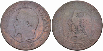 ФРАНЦИЯ 10 САНТИМОВ 1856 BB, НАПОЛЕОН III (1852-1870) KM 771.3, LE FRANC 133.34 бронза 38-1223