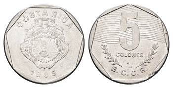 Коста-Рика 5 колонов 1985 год-тип KM 214.2 нержавеющая сталь 4663-945