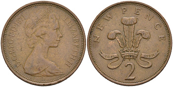 Великобритания 2 пенса 1971 Елизавета II (1952-2022) KM 916, Spink 4235 (C1) бронза 4571-155