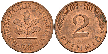 ФРГ 2 пфеннига 1981 D J.381a, KM 106a сталь плакированная медью    4598-856