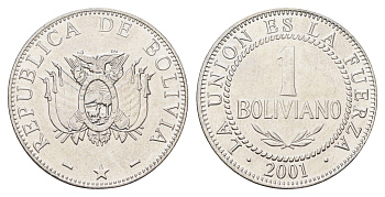 Боливия 1 боливиано 2001 KM 205 нержавеющая сталь UNC 4662-526