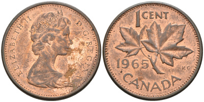 Канада 1 цент 1965 Елизавета II (1952-2022), кленовый лист KM 59.1 бронза 4147-248