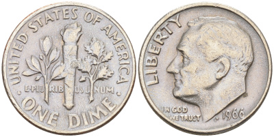 США 10 ЦЕНТОВ = 1 ДАЙМ 1966 РУЗВЕЛЬТ KM 195a медь плакированная медно-никелем 188-413