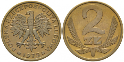 ПОЛЬША 2 ЗЛОТЫХ 1975 KM 80.1 латунь 112-821
