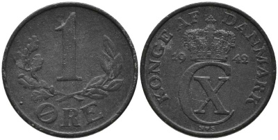 ДАНИЯ 1 ЭРЕ 1942 N; S, КРИСТИАН X (1912-1947) KM 832 цинк 116-111