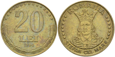 РУМЫНИЯ 20 ЛЕЙ 1994 СТЕФАН III ВЕЛИКИЙ (1429-1504) KM 109 сталь плакированная латунью 4519-142