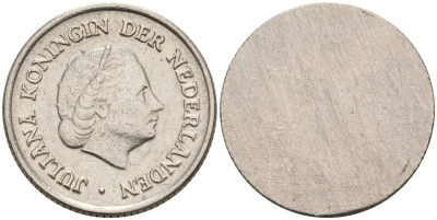Нидерланды 25 центов Юлиана, брак чекана, односторонний оттиск аверса KM 204 никель 4576-851