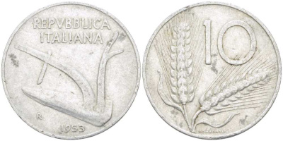 Италия 10 лир 1953 R, плуг, колосья KM 93 алюминий 175-337