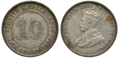 Стрейтс-Сетлментс 10 центов 1927 Георг V (1910-1936) КМ 29b серебро 53-626