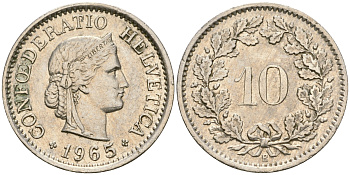 Швейцария 10 раппенов 1965 В KM 27 медно-никель 4364-1331