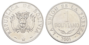 Боливия 1 боливиано 2001 KM 205 нержавеющая сталь UNC 4662-525
